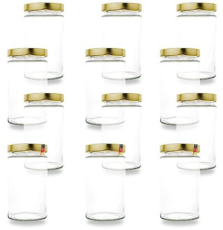 flaschenbauer - 12er Set Vorratsgläser 720ml | 82mm Deep-Schraubdeckel | Einmachgläser mit Golden Deckeln | Perfekte Vorratsdosen aus Glas zum Einkochen & Aufbewahren von Obst, Gemüse und Gewürzen
