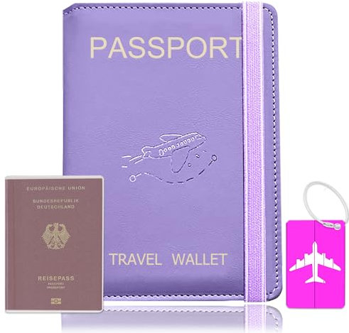 SUCCEFORT Reisepasshülle, Kunstleder Passhülle für Reisepass Kreditkarten Ausweis Reisedokumente mit RFID-Blocker, mit Transparenten Passhüllen Und Kofferanhänger, 15x11cm-Lila