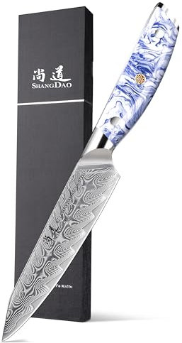 SHANGDAO Coltello multiuso da cucina da 5 pollici Coltelli affilatissimi per sbucciare frutta e verdura, acciaio di Damasco forgiato con manico in resina blu e bianca - Codolo completo - Serie HUA