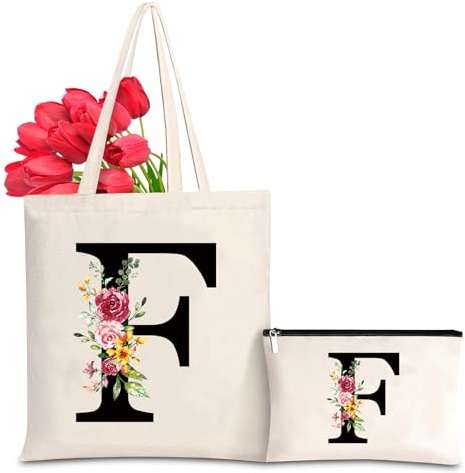 Letras Personalizadas Tote, Bolso Tote de Mujer con Inicial y Flores Bolsa de Compras con Bolsillo Interior, Alfabeto Bolso de Cosméticos Regalos para Damas Amigas Mamá Regalo de Cumpleaños Boda (F)