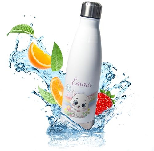 Edelstahl Trinkflasche 500ml „Weiße Katze Regenbogen“ personalisiert mit Namen – Wasserflasche isoliert - Geschenke für Kinder & Schule - Thermoflasche Isolierflasche