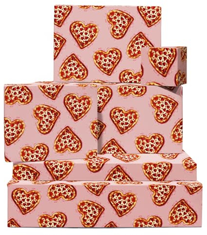 Pizza-Geschenkpapier – Herz – 6 Blatt Lustiges Geschenkpapier Rosa für Männer und Frauen – zum Geburtstag Jubiläum Valentinstag – mit Aufklebern – von Central 23