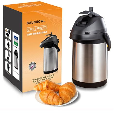 Airpot Coffee Dispenser with Pump,Thermal Hot Beverage Dispenser,Coffee Carafe Thermal 3L(101 Oz) Insulated Stainless Steel Large Beverage Dispenser Lever Action for Hot/Cold Water (Size:3L)