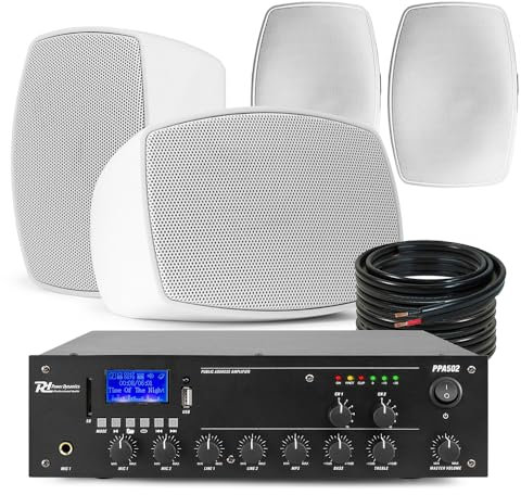 Power Dynamics 2-Zone Background Music System with 4x BHW30WH Wall Mounted Speakers, Multi Zone Commercial PA for Cafes, Salons, Weatherproof Outdoor Speaker Set