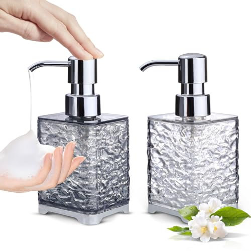 LELE LIFE Lot de 2 distributeurs de savon moussant en acrylique avec pompe argentée, 300 ml, rechargeable, transparent + gris clair, carré