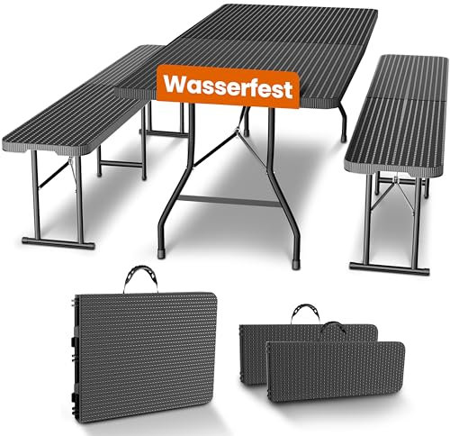NewHabitat I Kunststoff Bierzeltgarnitur Klappbar I 3er Set, Tisch + 2 x Bank mit Tragegriffe, Biertischgarnitur, Festzeltgarnitur, Bierbank klappbar, HxBxT: 75x180x75 cm (Schwarz)