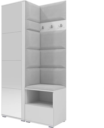 RAVIO Flurgarderobe 100 cm mit Kleiderschrank & Spiegel, Garderobenset Flur mit Schuhschrank, Sitzbank, Garderobenpaneel, Wandpolster & Push to Open Türen - Weiß/Wandpaneel Hellgrau