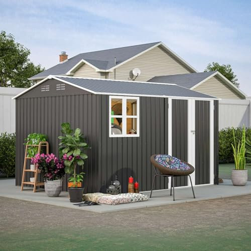 BIRCHTREE Garden Shed Steel Apex Roof House Outdoor Backyard Storage With Lockable Double Doors Window Free Foundation Tool Equipment Organizer Air Vents 10x8FT Anthracite