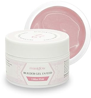Maniglow Aufbaugel für Gelnägel Glitter Pink - Für Verlängerung und Verstärkung - TPO-&HEMA-frei - Einfach anzuwendendes Nagelgel UV LED - Gel Nägel Farben Auswahl - Builder Gel Nägel - Sicher - 15ml