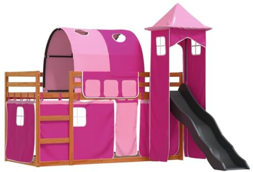 vidaXL Etagenbett, Stockbett mit Rutsche Gardinen, Kinderbett mit Rausfallschutz Lattenrost, Spielbett Bett ohne Matratze, Rosa 90x200cm