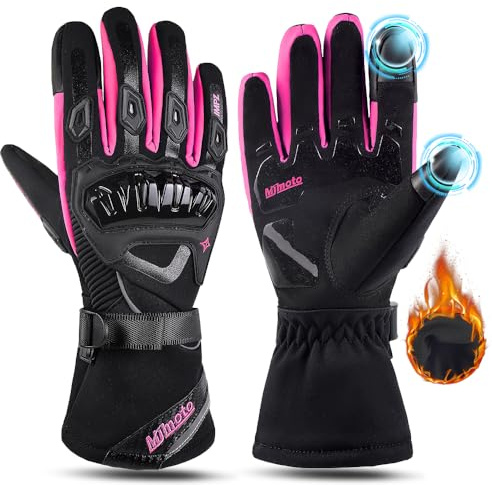 mjmoto Motorcycle Gloves Windproof Waterproof Guantes Moto Women Motorbike Riding Gloves Touch Screen Moto Motocross Gloves Winter for Lady (Pink, Small)