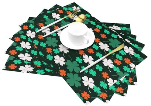 Irish Flags and Four Leaf Clovers St Patricks Day PVC Woven Placemats, Anti-Stain and Oil-Proof Heat-Resistant Dinner Plate Mats, Kitchen Table Gathering Holiday Party Decorations.