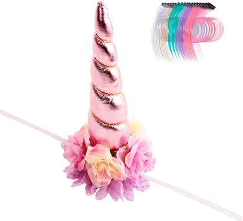 Nishine Serre-tête en corne de licorne florale de 20,3 x 12,7 cm de long + 18 guirlandes en cheveux de crinière de poney pour faire de votre cheval une licorne, Halloween, décoration de fête de