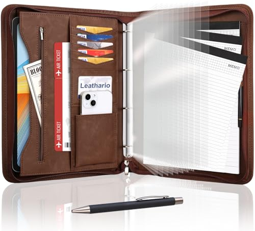 Leathario Carpeta de Conferencias A4 con Carpeta, Carpeta de Documentos para Viaje con 3 cuadernos y 10 páginas de índice transparente
