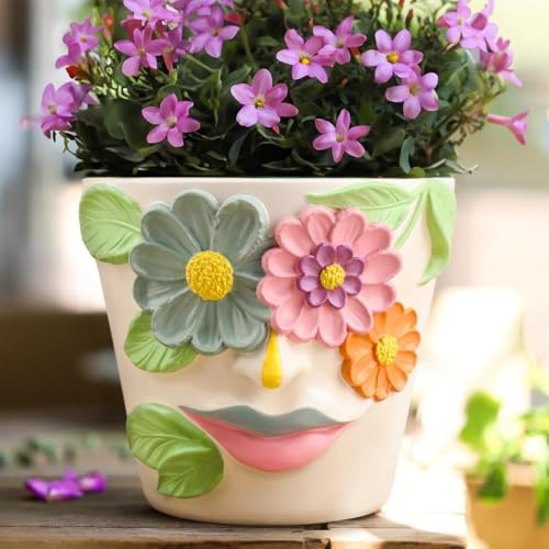 AmiCera Blomkruka med abstrakt ansikte, färgglad blomkruka med dränering, söta blomkrukor för inomhusväxter, eklektisk suckulent ytterkruka som heminredning (rosa och blå, 14 cm)