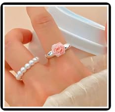 Dishowme Pearl Rose Flower Rings Love Heart Beads Knuckle Ring Vintage Faux Pearl Flower Finger Joint Band Adjustable Jewelry for Men Women (Pink)