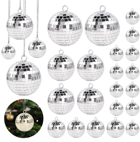 Discokugeln Set, 25 Stück Glänzend Discokugel Deko Klein mit 20m Fadenband, Spiegelkugel Disco Kugel Deko zum Aufhängen, 4 Größen, Discokugeln Klein für Weihnachtsbaum Hochzeit Kuchendekoration