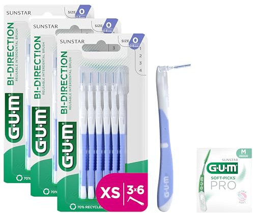 GUM BI-DIRECTION Scovolini interdentali a doppia posizione | Posizionamento a 90 gradi | pulizia dei denti e rimozione della placca | 0.6mm, ISO 0 | Taglia XS |​ Confezione 3x6 + 1 campione gratuito