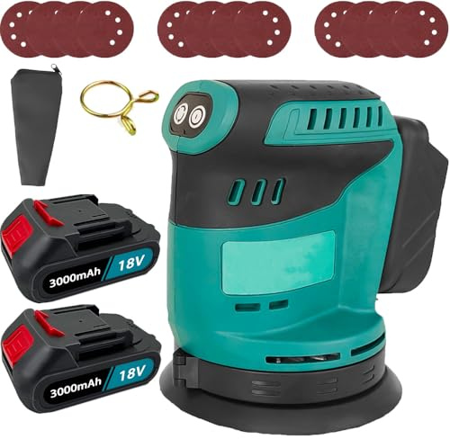 Akku Exzenterschleifer 125mm, Ersatz für Makita DBO180Z, Kabellose Elektroschleifer mit 2 x 3000mAh Akku und Ladegerät, 12 Schleifpapier, 3 Leistungsstufe, für Holzbearbeitung, Metallbearbeitung