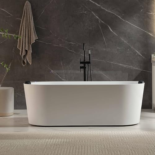Empava Upgrade Acrylic Whirlpool Bathtub, 71-Inch Freestanding Gracefully Oval Shaped Jetted Bathtub with Healing Chromotherapy, 18 Hydromassage Jets, Single-Ended Bathtubs, Black Nozzles