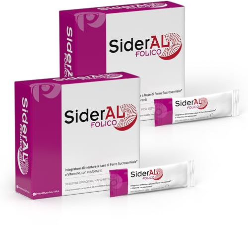 SiderAL Folico, Integratore alimentare con Ferro Sucrosomiale®, Quatrefolic®, Vitamine D3 e B12 Sucrosomiali®, In Gravidanza, Menopausa, Ciclo mestruale abbondante, 20 + 20 bustine orosolubili