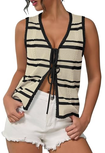 IEEILULU Tops Chaleco de Ganchillo para Mujer - Chalecos de Punto sin Mangas, Top de Verano Casual con Lazo Delantero, Cute Tanqueta, Rayas Beige y Negro, Talla XL