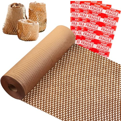 Rollo de papel de panal de abeja 38 cm x 70 m, Papel de embalaje marrón con 36 etiquetas adhesivas para artículos frágiles, alternativa al papel burbuja, para envolver regalos y artículos frágiles