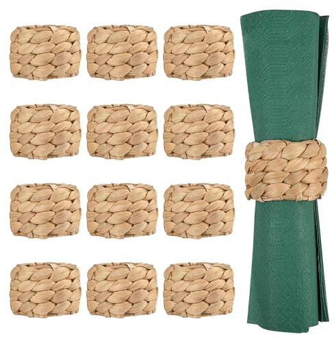 12 Pcs Boho Rattan Woven Napkin Rings, Farmhouse Water Hyacinth Wooden Rustic Napkin Rings Holders for Table Wedding Decor Christmas Set of 12 (12)