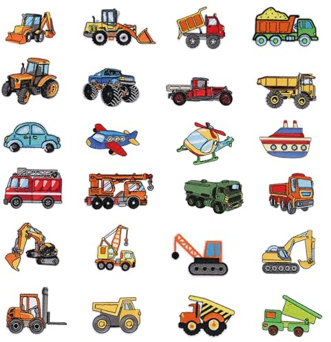 24 Stück Patches zum Aufbügeln, Flicken zum Aufbügeln Bügel Patches Baufahrzeug Patch Kit Kinder Cars Aufnäher zum Aufnähen Applikation für T-Shirt Jeans Jacken Rucksäcke Hüte