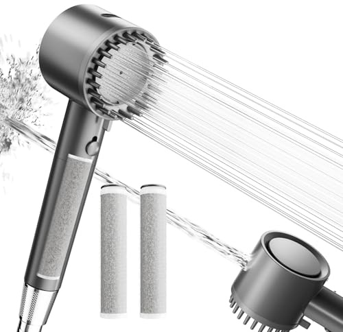 Cobbe Soffione Doccia con 3 Filtri Carbonio 2.0, Alta Pressione per Acqua Dura con Tubo Flessibile, 4+1 Modalità di Getto con Potente Lavaggio Integrato per Rimuovere Cloro, Grigio