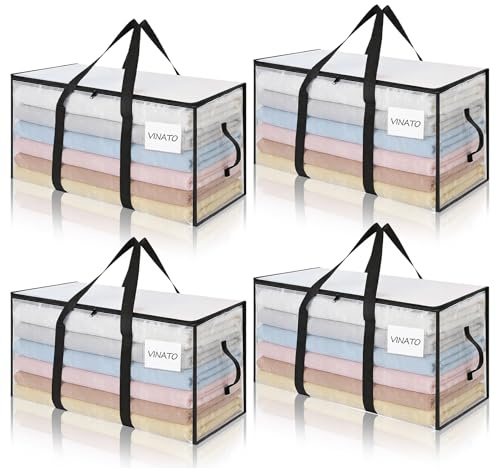 VINATO 4 Bolsas de Almacenamiento para Edredones, Grandes Bolsas de Mudanza Transparentes con Asas, Resistentes a la Humedad y al Polvo - Cajas de Plástico PE para Ropa, Hogar