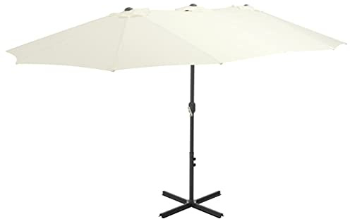 Parasol double rectangulaire 460 x 270 cm, blanc sable, mât en aluminium, protection solaire UV, pour terrasse, jardin extérieur, robuste, avec manivelle, pied en croix stable
