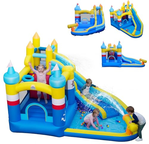 COSTWAY Château Gonflable sur Thème Navires avec Toboggan, Maison de Saut, Aire de Jeux Gonflable avec Pataugeoire, Mur d'escalade, Canon à Eau, Intérieur Extérieur jusqu'à 2 Enfants de 3-12 Ans