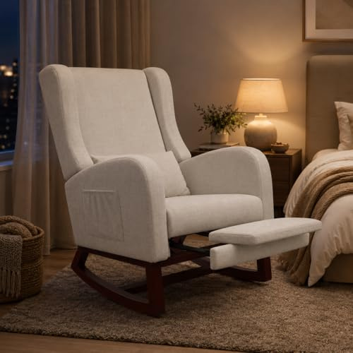 BRILVERDE Mecedora Lactancia, sillón Relax con reposacabezas, Mecedora escandinava con Bolsillos Laterales y Base de Madera Maciza, para salón, balcón, salón (Lino, Beige)