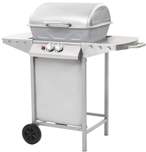 Gas BBQ Grill with 2 Large Cooking Zones, Silver Stainless Steel Parts, Powder-Coated Steel Body, Large Cooking Surface, Heavy-Duty Hood, and Two Side Tables for Outdoor
