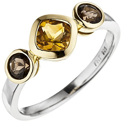 Jobo Damen-Ring aus 925 Sterling Silber Bicolor vergoldet mit Citrin und Rauchquarz Größe 60