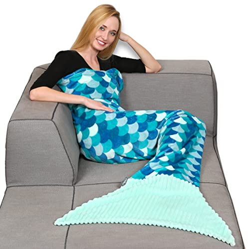 Kanguru Sirena Siren Sjöjungfru svans, mycket mjuk, mysig, fluffig, varm, mikrofiber fleece filt för vuxna, färg turkos, en storlek 70 x 200 cm