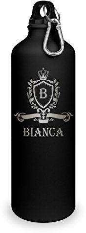 Trinkflasche mit Namen Bianca - graviert mit Wappen Monogramm, Aluminiumflasche mit Gravur, Sportflasche - matt schwarz