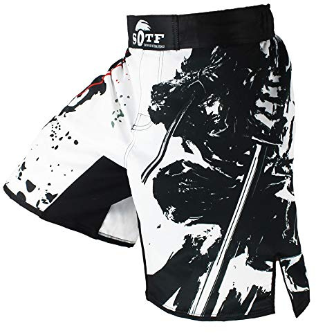 SOTF MMA Shorts Muay Thai Boxing Trunks Comfortable Kickboxing Fight Wear, White, L=28-32