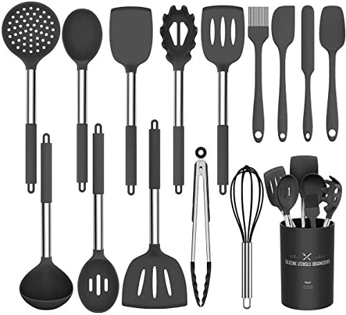 Umite Chef Juego de utensilios de cocina, 15 piezas de utensilios de cocina de silicona, herramientas de cocina, pinzas de espátula, resistentes al calor, (negro)
