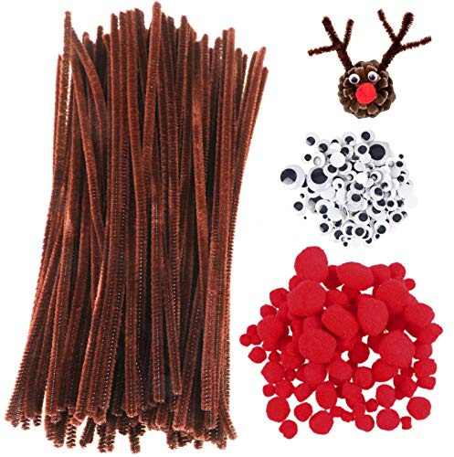 HOWAF 300 Stück Weihnachten Pfeifenreiniger Set mit Chenilledraht Pfeifenputzer Braun Zum Basteln, Kulleraugen Wackelaugen Selbstklebend Bastelaugen, Rot Pompons