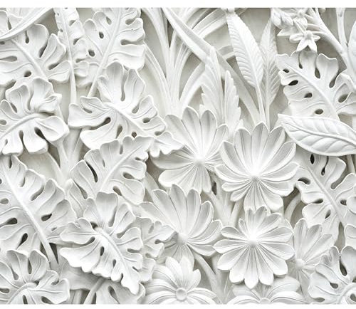 decomonkey - Papier Peint Panoramique Feuilles 3d 350x256 cm - Décoration murale – Tapisserie décorative pour chambre salon - Fleurs en pierre motif blanc feuilles fond de texture romantique