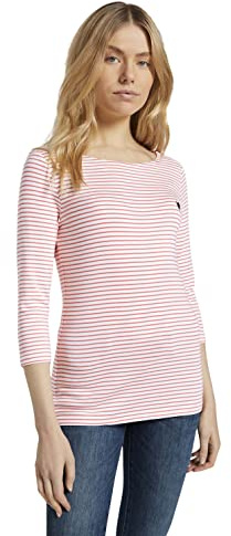 TOM TAILOR Damen 1024035 Longsleeve Mit Herz-Stickerei Auf Der Brust, 26034 - White Peach Small Stripe, XXL EU