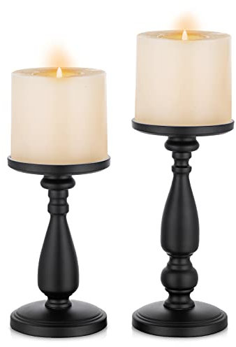 Sziqiqi Vintage Grande Portavelas de Columna Juego de 2 Velas para Candelabros de Metal Retro Negro Mate Candelabros Centro de Mesa Ornamentos Mesa de Centro Comedor Manto Chimenea Decoracion
