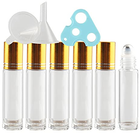 TIANZD 6 Pcs, 10ml Empty Transparent Glass Essential Oil Roller Bottles with Gold Alu Screw Cap Roll on Bottles Rollerball Bottle for Essential Oil Perfume, 1x Funnel 1x Opener