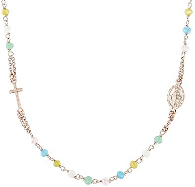 Linea Italia Gioielli - Collar Rosario para Mujer en Plata 925 Rosa con Cruz, Medalla Virgen y Piedras Multicolores Pastel - Joya Certificada Made in Italy