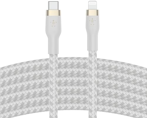 Belkin Cable Trenzado USB-C a Lightning de 3 m BoostCharge Pro Flex, Certificación MFi, Carga Rápida PD de 20 W para iPhone 14/14 Plus, 13, 12, Pro, Max, Mini, SE, iPad y Otros, Blanco