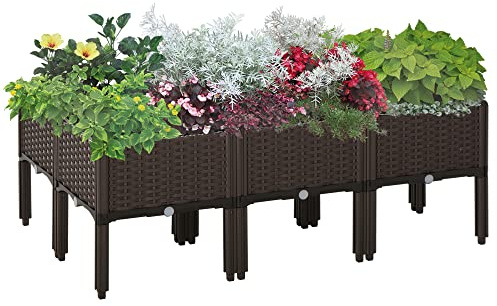 Outsunny Hochbeet 6-teiliger Pflanzkasten mit Abflusslöchern Rattan-Look Blumenkasten DIY Braun 40 x 40 x 44 cm
