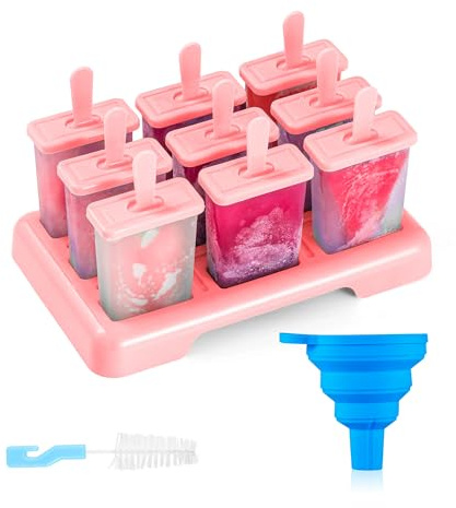 ANSMIO Ice Lolly Moulds 9 Popsicle Molds Ice Cream Moulds Reusable DIY Ideas Ice Lolly Stick - Comes with a Cleaning Brush and Silicone Folding Funnel(New Pink)
