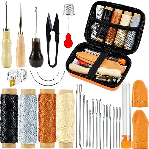 PLANTIONAL Kit de costura de reparación de cuero: 31 herramientas de trabajo de cuero con hilo encerado profesional, agujas de coser a mano de ojo grande, 3 punzones versátiles, kit de costura